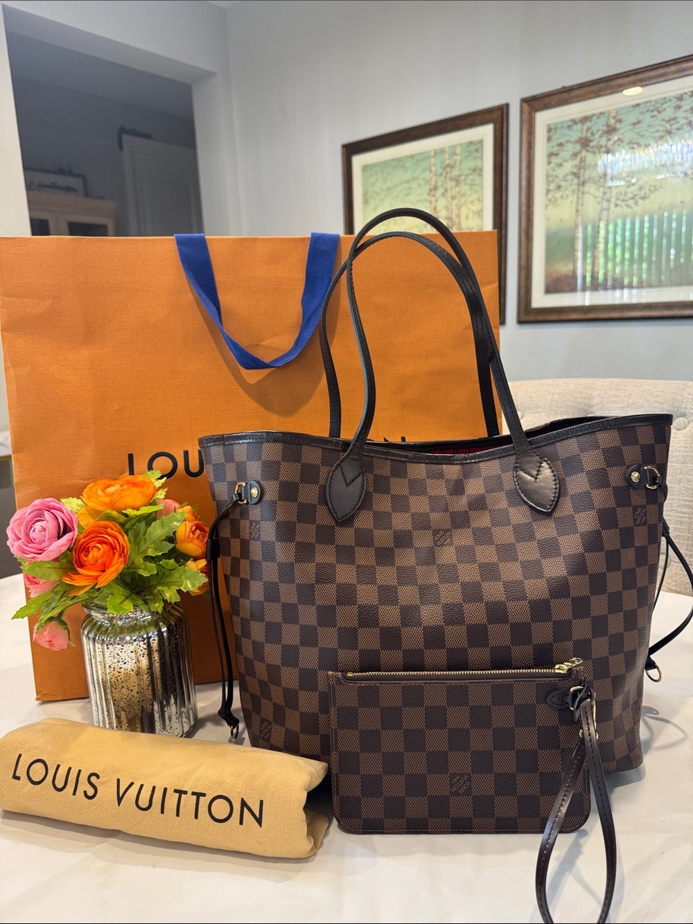 Authentic Louis Vuitton  Damier Ebene MM Neverfull with Pouch